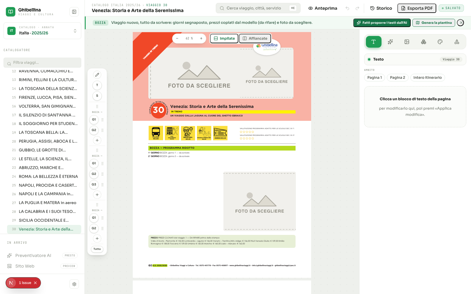 Il viaggio appena creato aperto nell'editor, con giorni segnaposto e avviso bozza